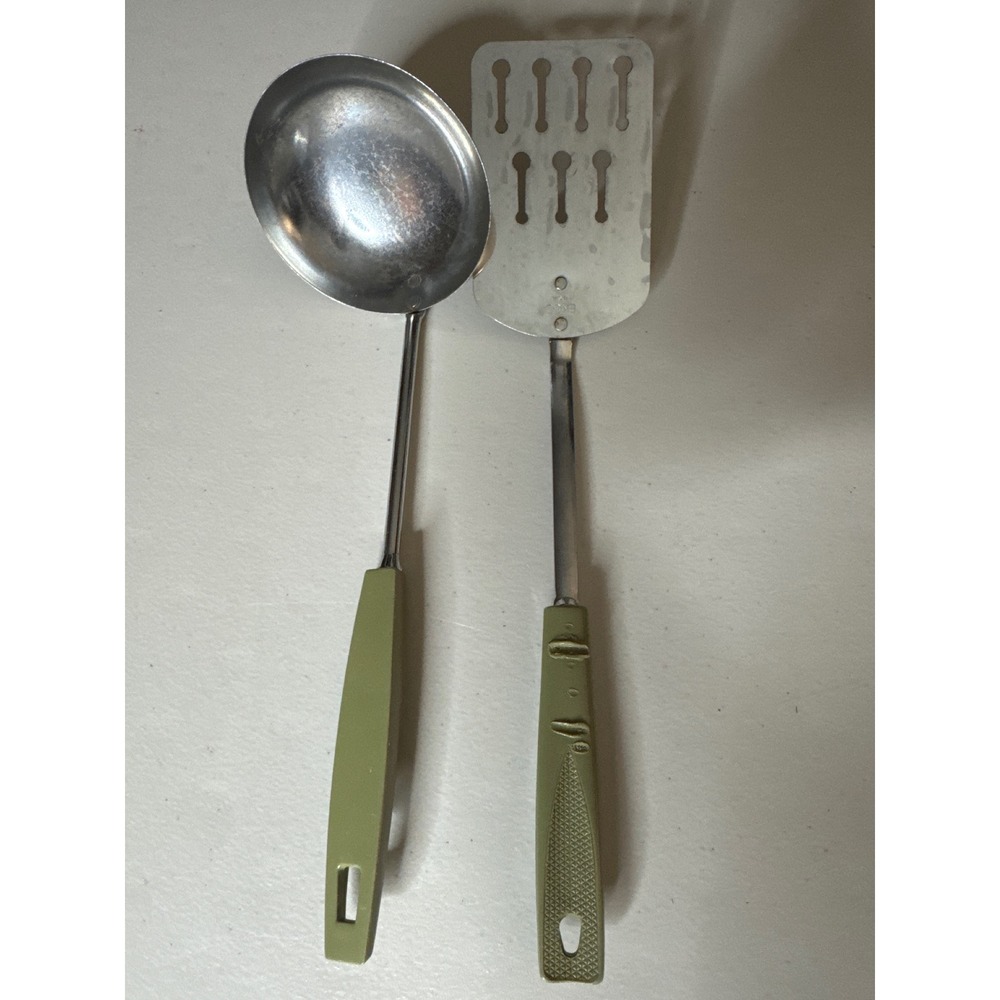 Vintage EKCO Avocado Green Ladle and Slotted Spatula Set USA Made MCM Retro